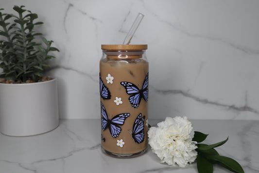 Butterfly With Flowers Glass Cup