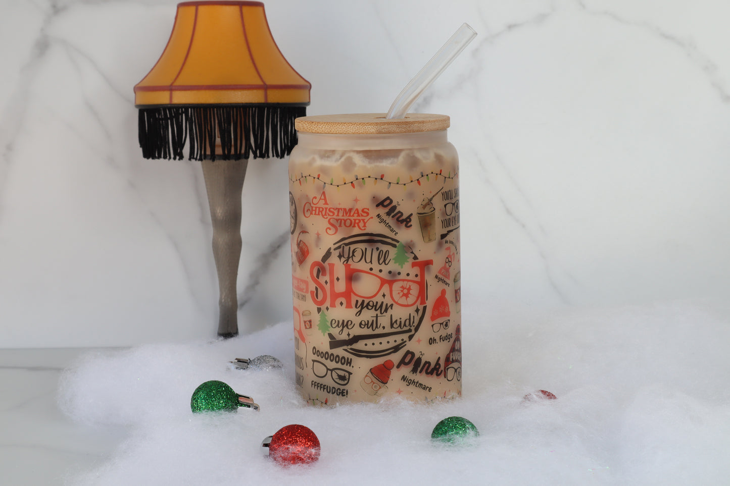 A Christmas Frosted Glass Cup With Lid-Glass & acrylic Straw